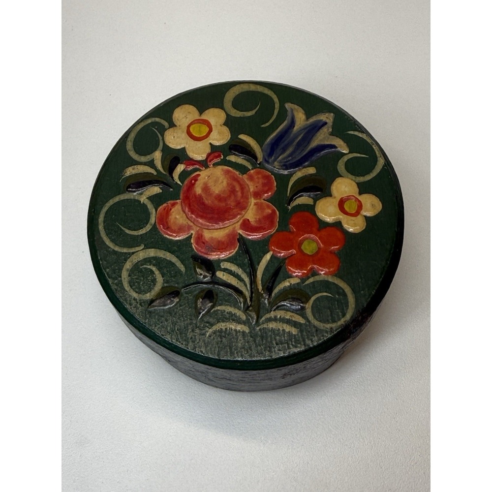 Vintage‎ Wood Mini Trinket Box Hand Painted Floral Design Folk Art Cottagecore